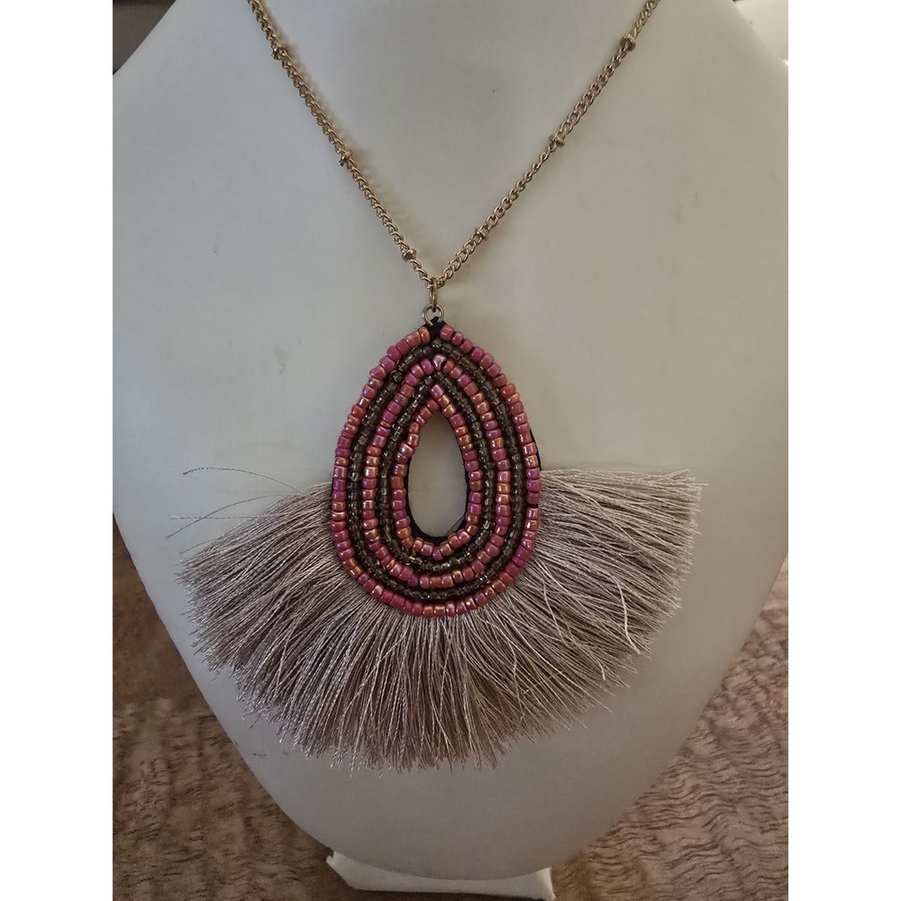 Simply Southern GoldTone Teardrop Tassel Beaded Pendant Necklace Adjustable 16in